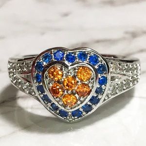 NEW Sterling Silver Blue and Orange Heart Ring